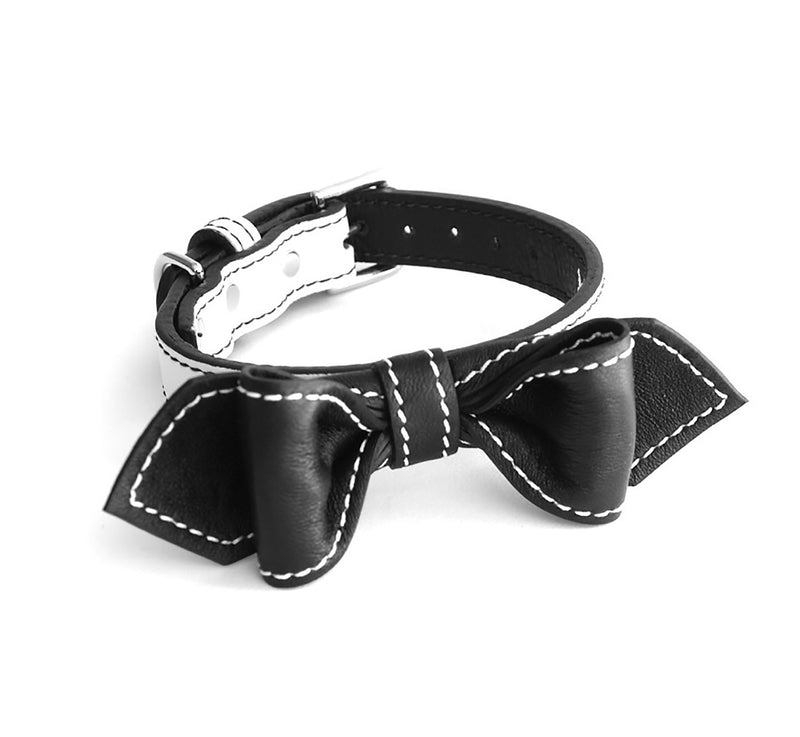 Black and White Oreeo Martini Bowtie Leather Dog Collar