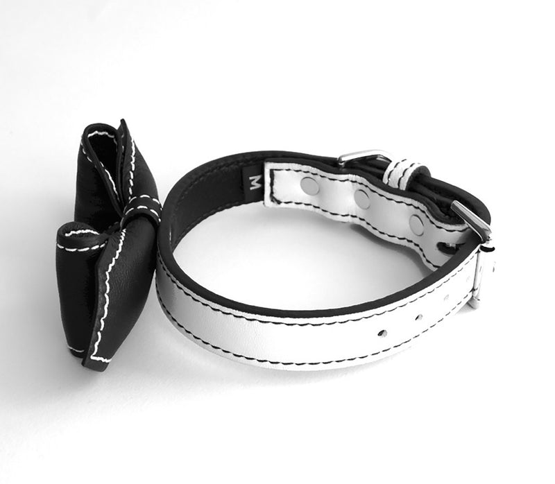 Black and White Oreeo Martini Bowtie Leather Dog Collar