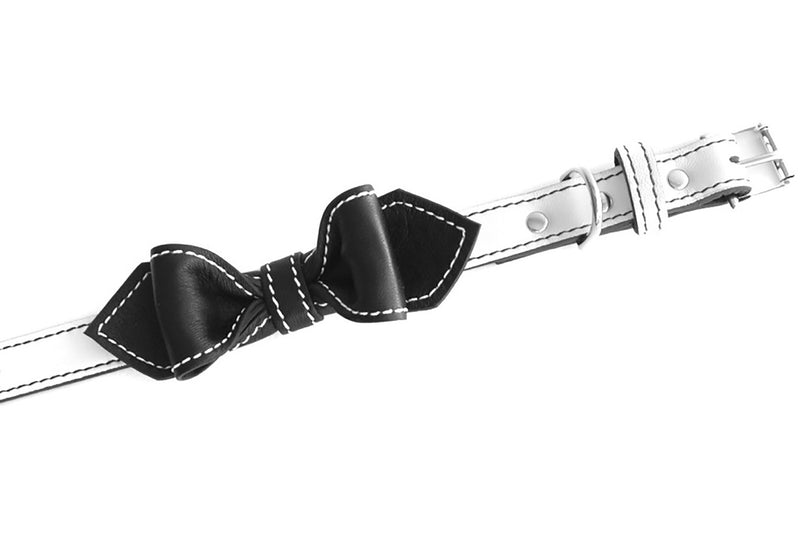 Black and White Oreeo Martini Bowtie Leather Dog Collar - LuxeMutt