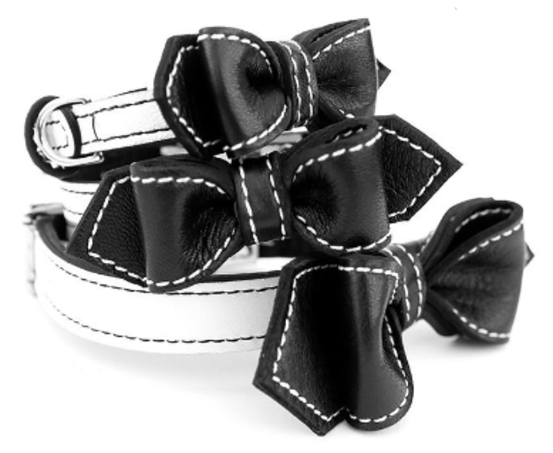 Black and White Oreeo Martini Bowtie Leather Dog Collar