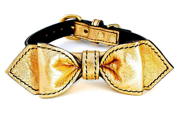 Heart of Gold Martini Bowtie Leather Dog Collar - LuxeMutt