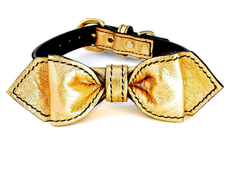 Heart of Gold Martini Bowtie Leather Dog Collar - LuxeMutt