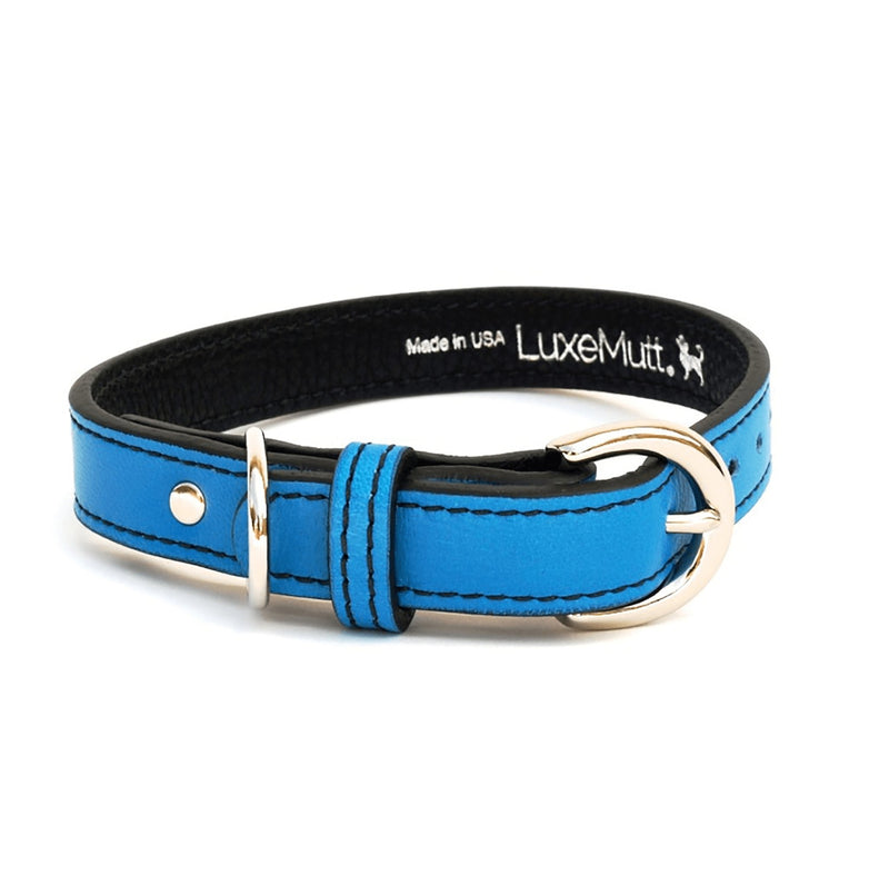 Minimalist Peacock Blue Leather Dog Collar - LuxeMutt