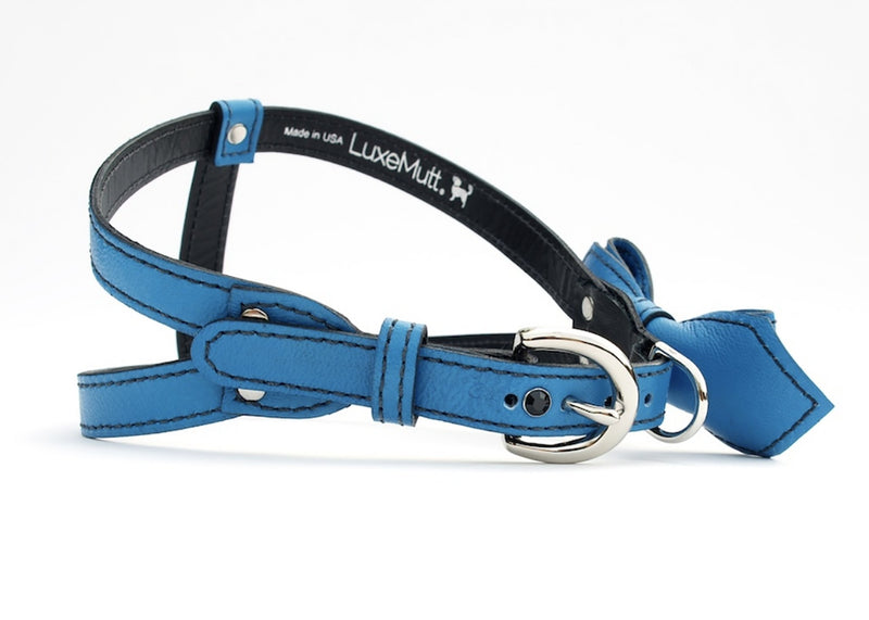 Peacock Blue Bowtie Leather Dog Harness - LuxeMutt