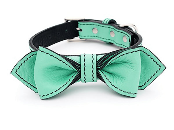 Seafoam Green Martini Bowtie Leather Dog Collar - LuxeMutt
