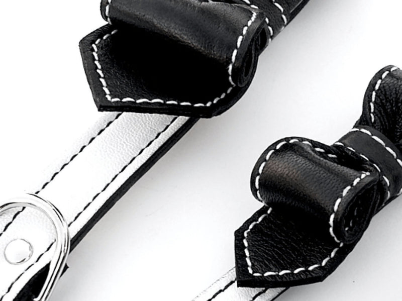 Black and White Oreeo Martini Bowtie Leather Dog Collar - LuxeMutt