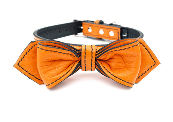 California Tangerine Martini Bowtie Leather Dog Collar - LuxeMutt