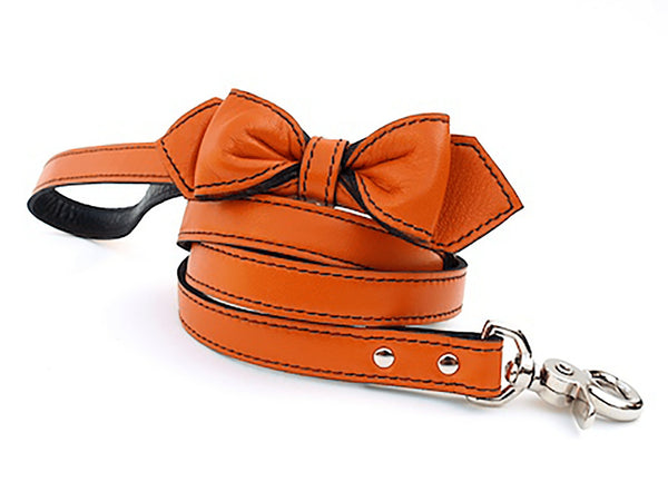 California Tangerine Martini Bowtie Leather Dog Leash - LuxeMutt