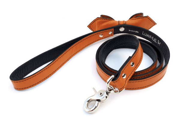 California Tangerine Martini Bowtie Leather Dog Leash - LuxeMutt