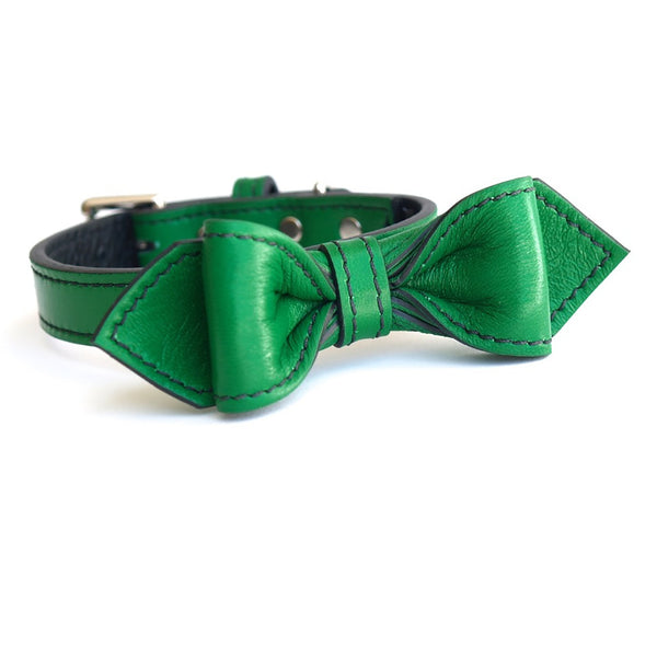 Country Club Green Too Martini Bowtie Leather Dog Collar - LuxeMutt