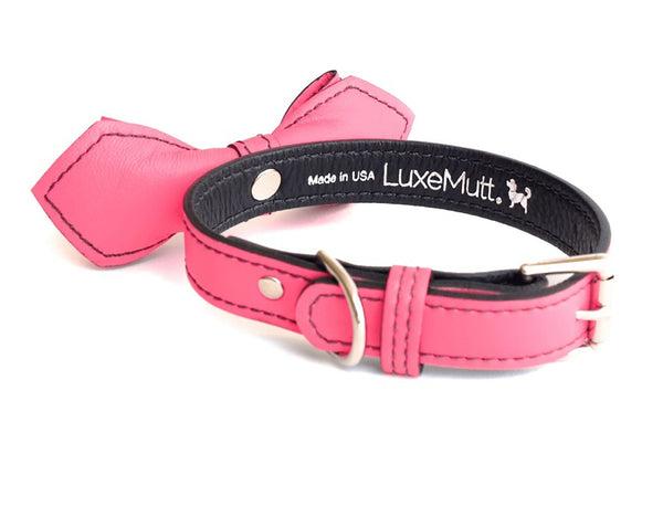 LuxeMutt Pink Martini Bowtie Leather Dog Collar - LuxeMutt