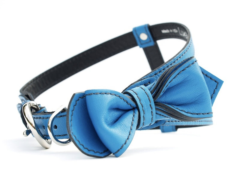 Peacock Blue Bowtie Leather Dog Harness