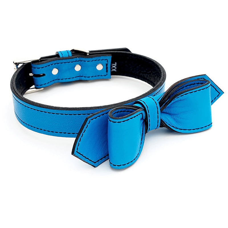 Peacock Blue Martini Bowtie Leather Dog Collar - LuxeMutt