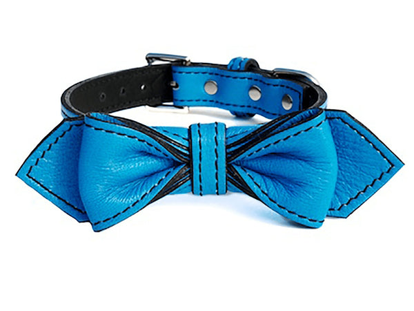 Peacock Blue Martini Bowtie Leather Dog Collar - LuxeMutt
