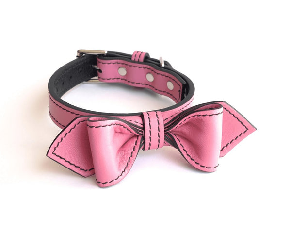 Poodle Pink Martini Bowtie Leather Dog Collar - LuxeMutt