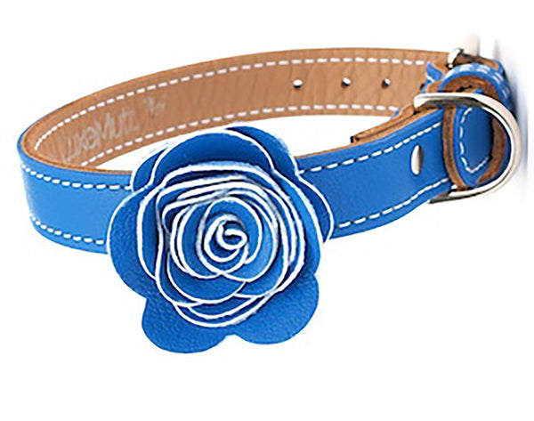 The Flower Child Blue Bliss Leather Dog Collar - LuxeMutt